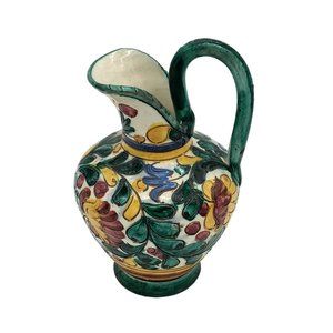 Antique Italian Majolica Pottery Pitcher with Flower Motif - Signed M.B.D.